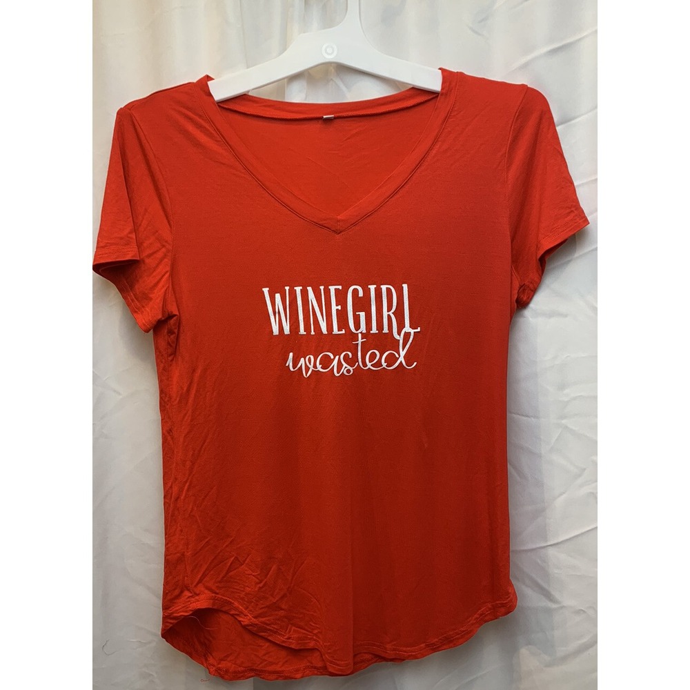 Wine Girl Wasted Red V- Neck T Shirt Size Small Rayon EUC‎
